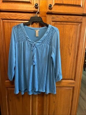 New Directions Weekend Blue Lace-Yoke Tassel Peasant Blouse size L